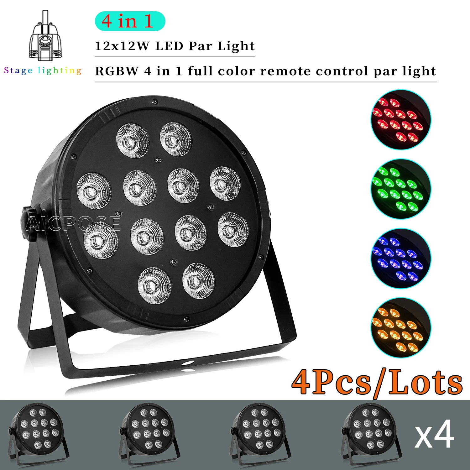 4Pcs/Lots 12x12W RGBW 4in1 LED Par Light Remote Control Flat Stage Light Party Dance Studio DJ Diess Equipment Section Lighting