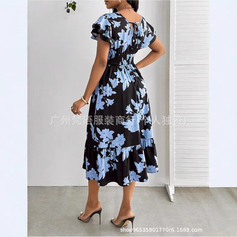 Sommermode-Kleid für Damen mit Blumendruck, V-Ausschnitt und lässigem Rüschenrand, kurzen Ärmeln, Rüschenärmeln, mittellanges Kleid