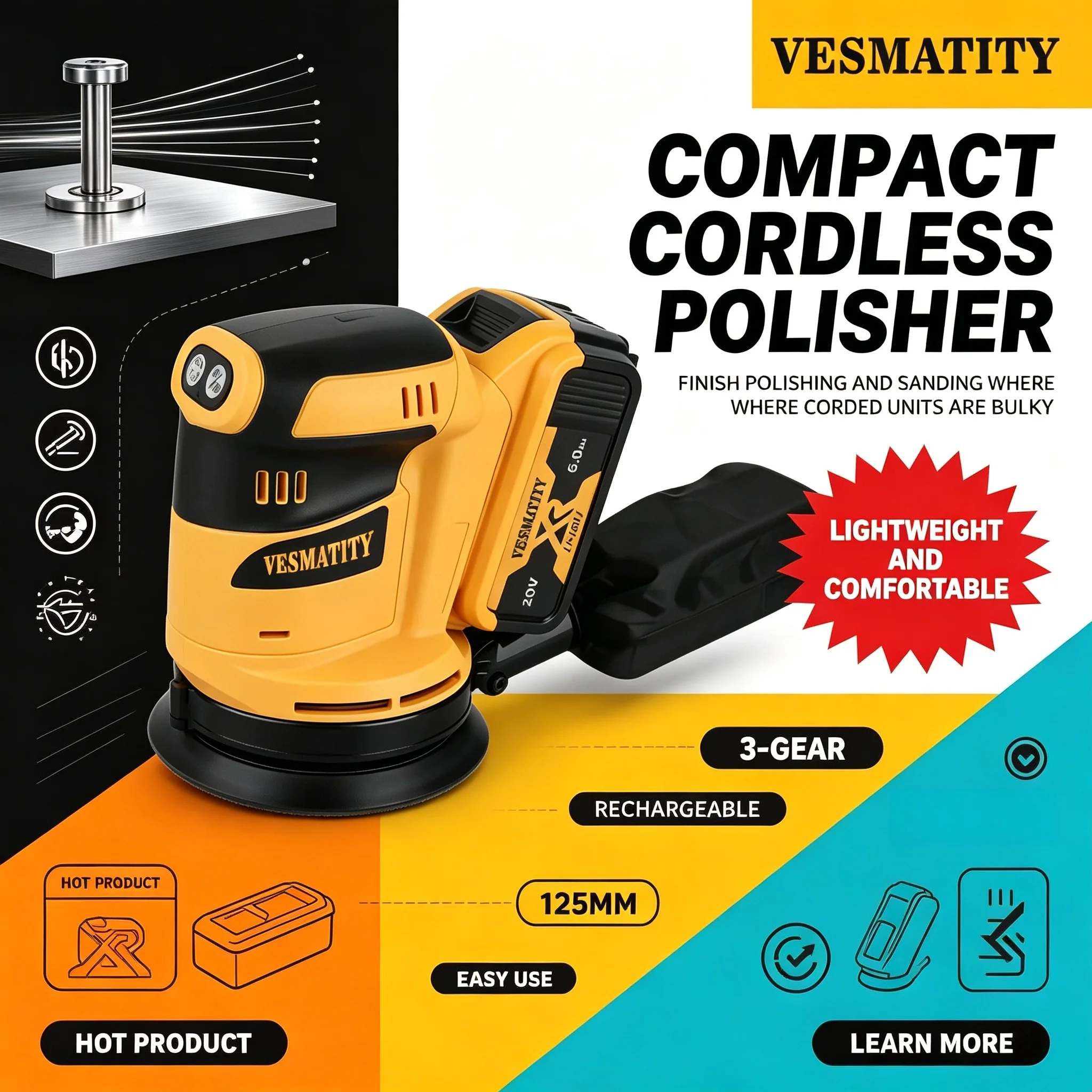 VESMATITY sander Lithium 18V Cordless Rechargeable Disc Random Orbital Sander Woodworking Sanding Putty Polishing