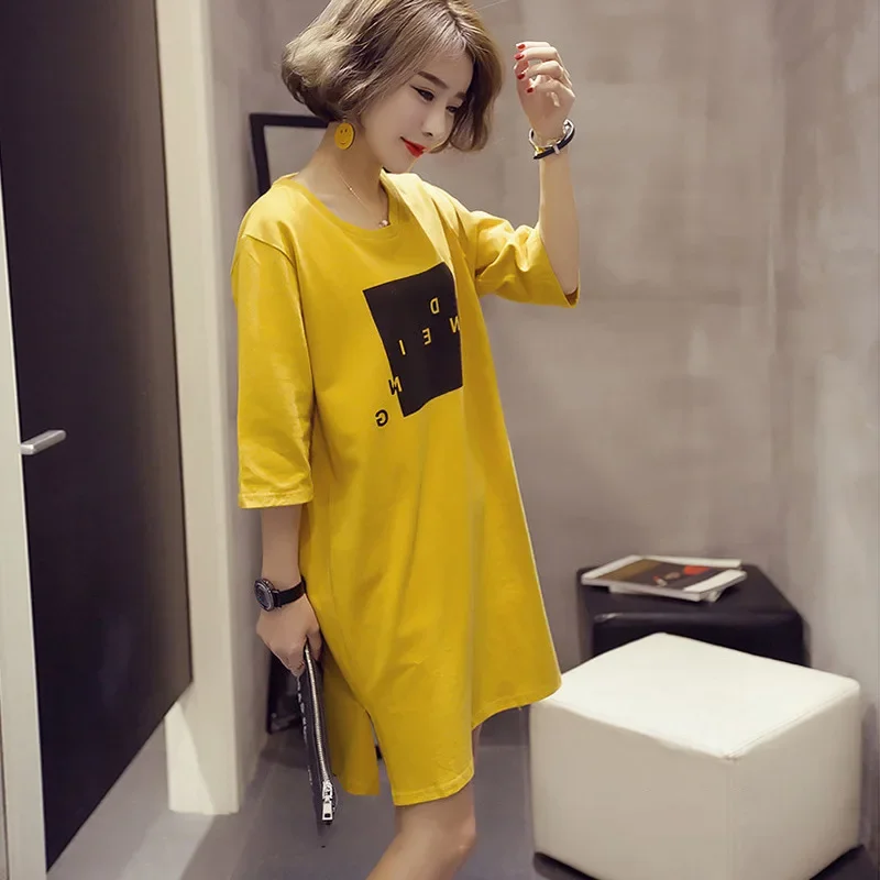 Korean Version Loose Medium And Long Short-sleeved Split-ended Dress Women's Half-sleeved T-shirt Women's Top