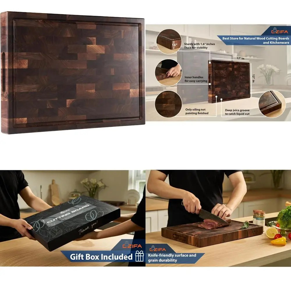 

End Grain Dark Walnut Wood Kitchen Cutting Board 17x12x1.6 with Juice Groove, Handles, and Gift Packaging