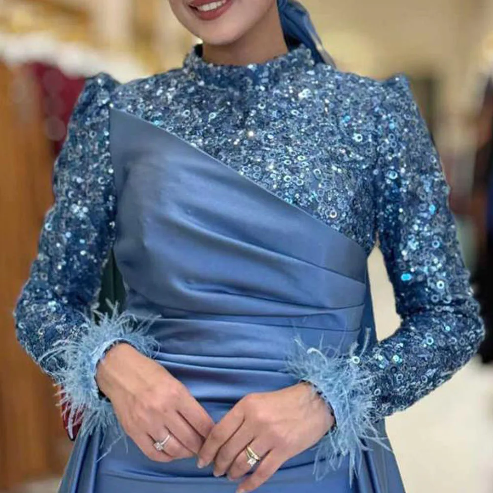 فساتين سهرة عتيقة مخصصة Abiye بأكمام ريشة ترتر ثوب مسائي إسلامي قابل للانفصال فستان ماكسي إسلامي أزرق