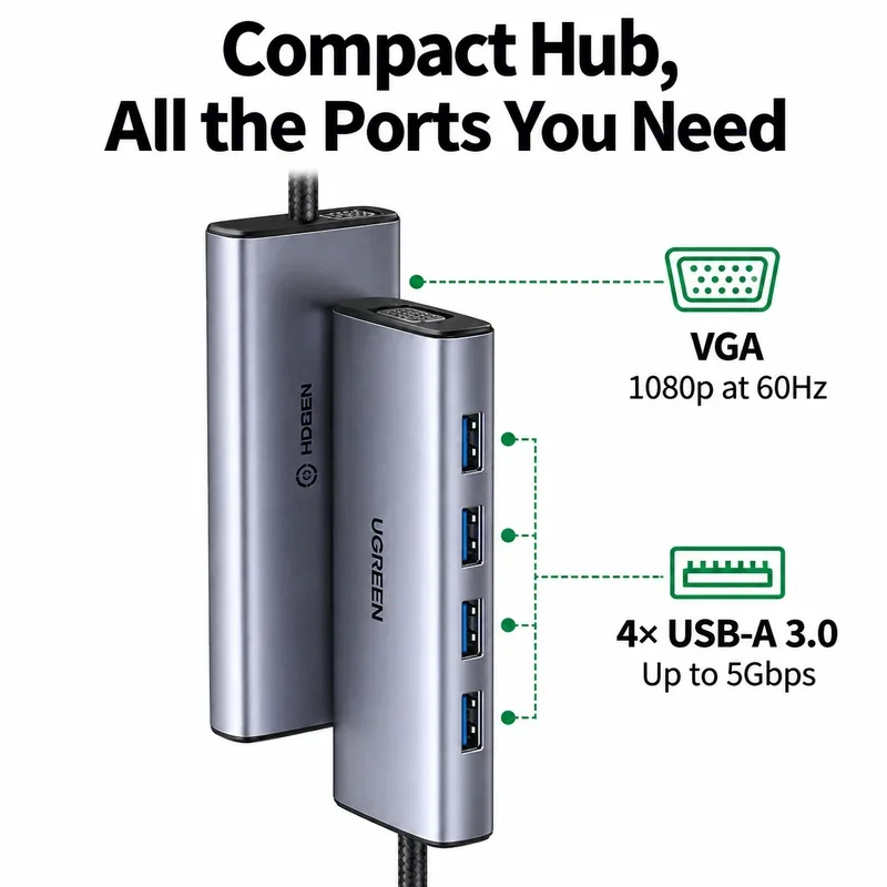 UGREEN CM498 90882 5-in-1 USB-C to VGA Hub, 1080p 60Hz VGA Adapter with 4 USB-A 3.0 5Gbps Data Ports