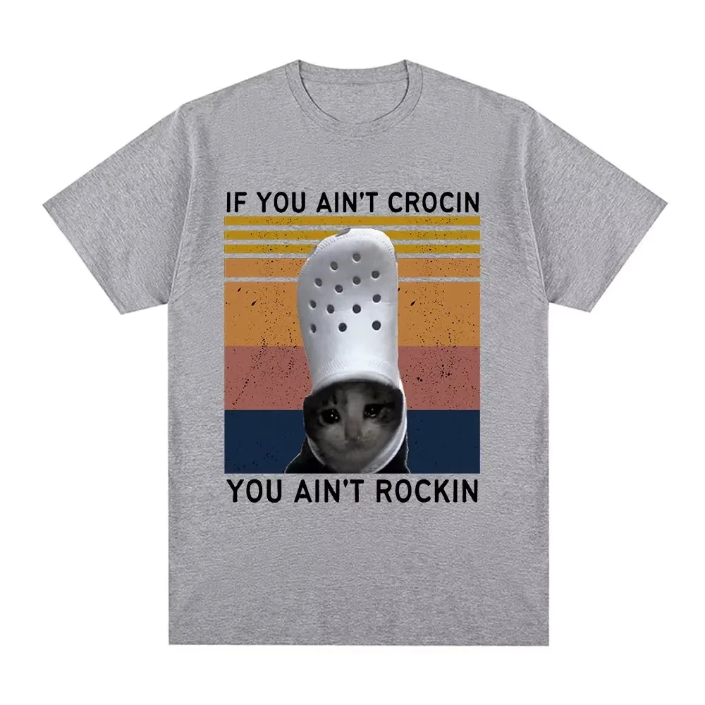 Funny Crying Cat Croc Meme Graphic Tee Unisex Round Neck Short Sleeve Summer Casual Meme Lover Streetwear Tops