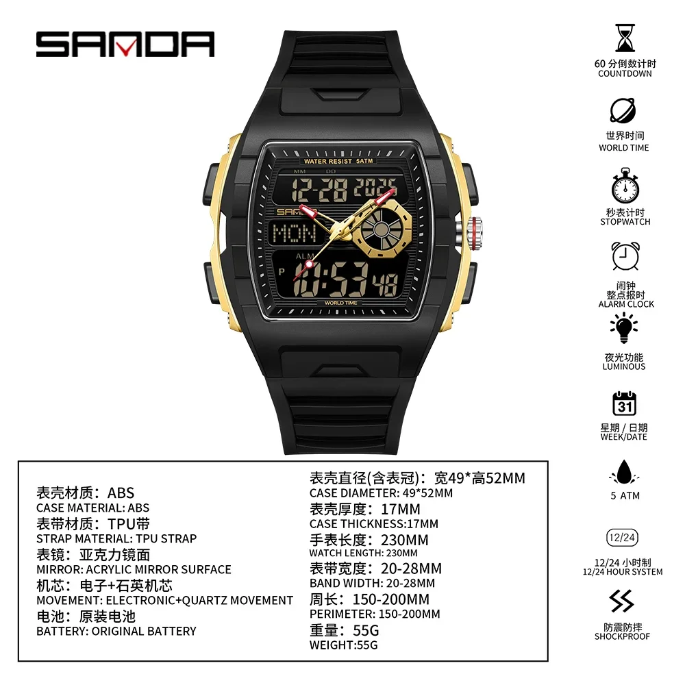 Afbeelding 6: SANDA elektronisch herenhorloge, multifunctionele wekker, kalender, LED, lichtgevend, waterdicht, schokbestendig, mode, digitale herenhorloges