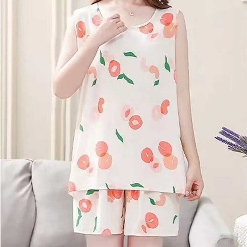 Soft Cute Woman's Pajamas Set Floral Printed Lattice Sleeveless Pajamas Comfortable Sweet Floral Sleepwear Spring Summer