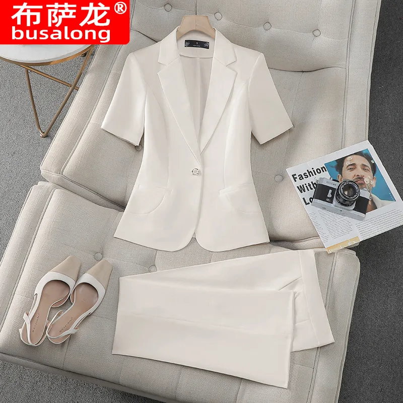 2025New Summer Small Blazer Jacket for Women Short Sleeve Professional Pants Two-Piece Set Workwear Fashionable Elegant