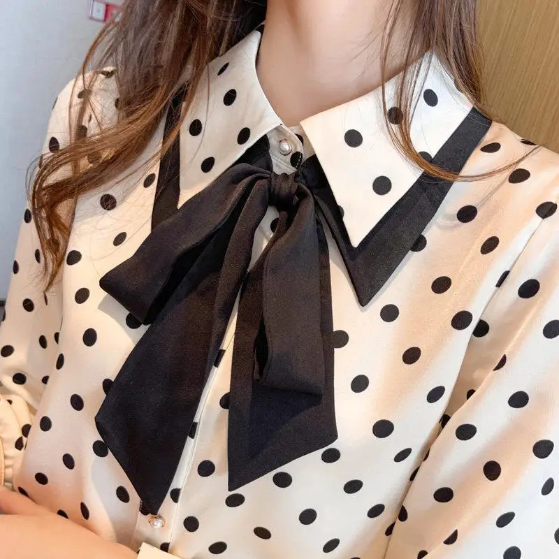 Womens Clothing Autumn Bandage Long Sleeve Shirt Fashion Sweet Polo-Neck Polka Dot Printing Single Breasted Chiffon Loose Blouse