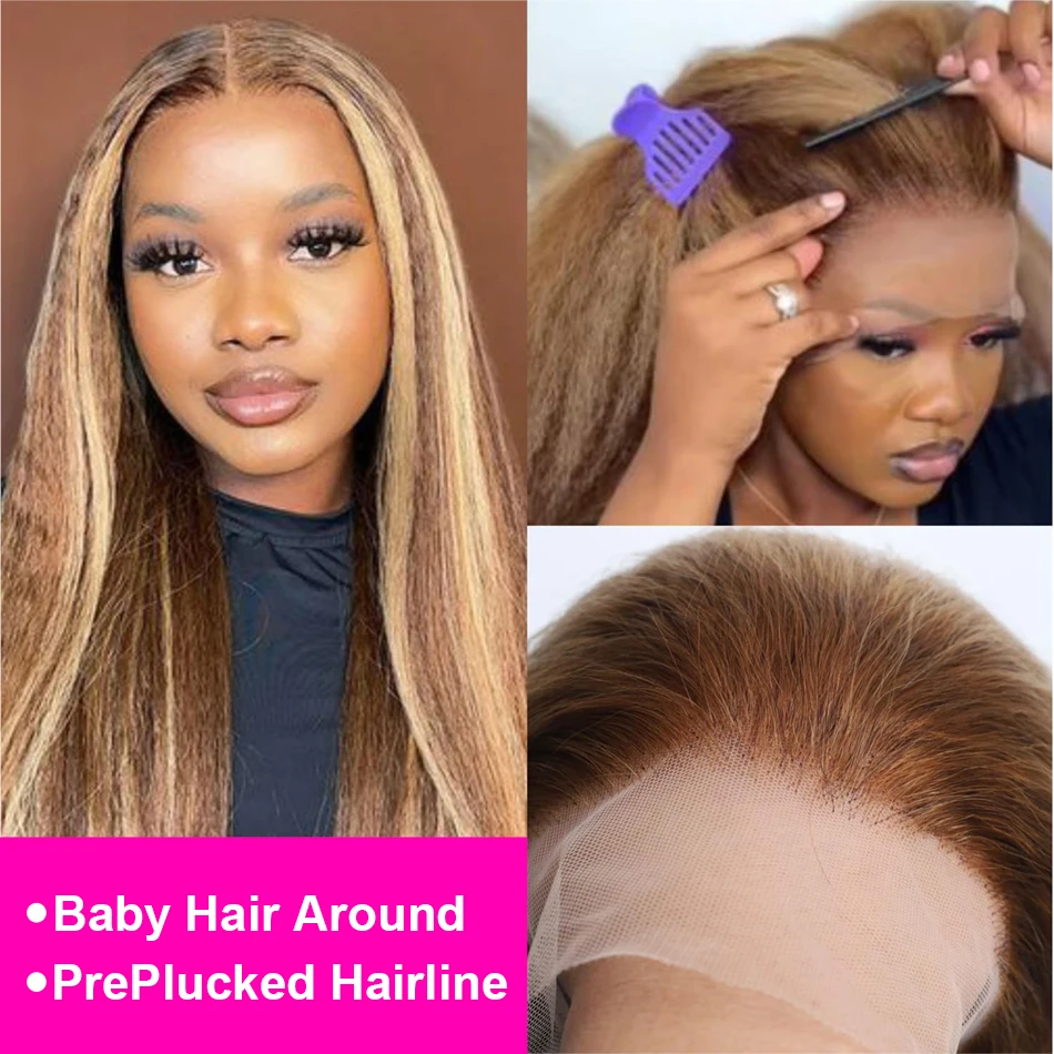 4/27 Highlight Kinky Straight Human Hair Wig Brown Blonde Piano Colored 13x6 Lace Frontal Wigs Yaki Straight 13x4 Lace Front Wig