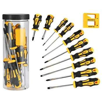 11-Piece Magnetic Screwdriver Set Magnetic Tips Yellow Manual Repair Tool Kit Handy…