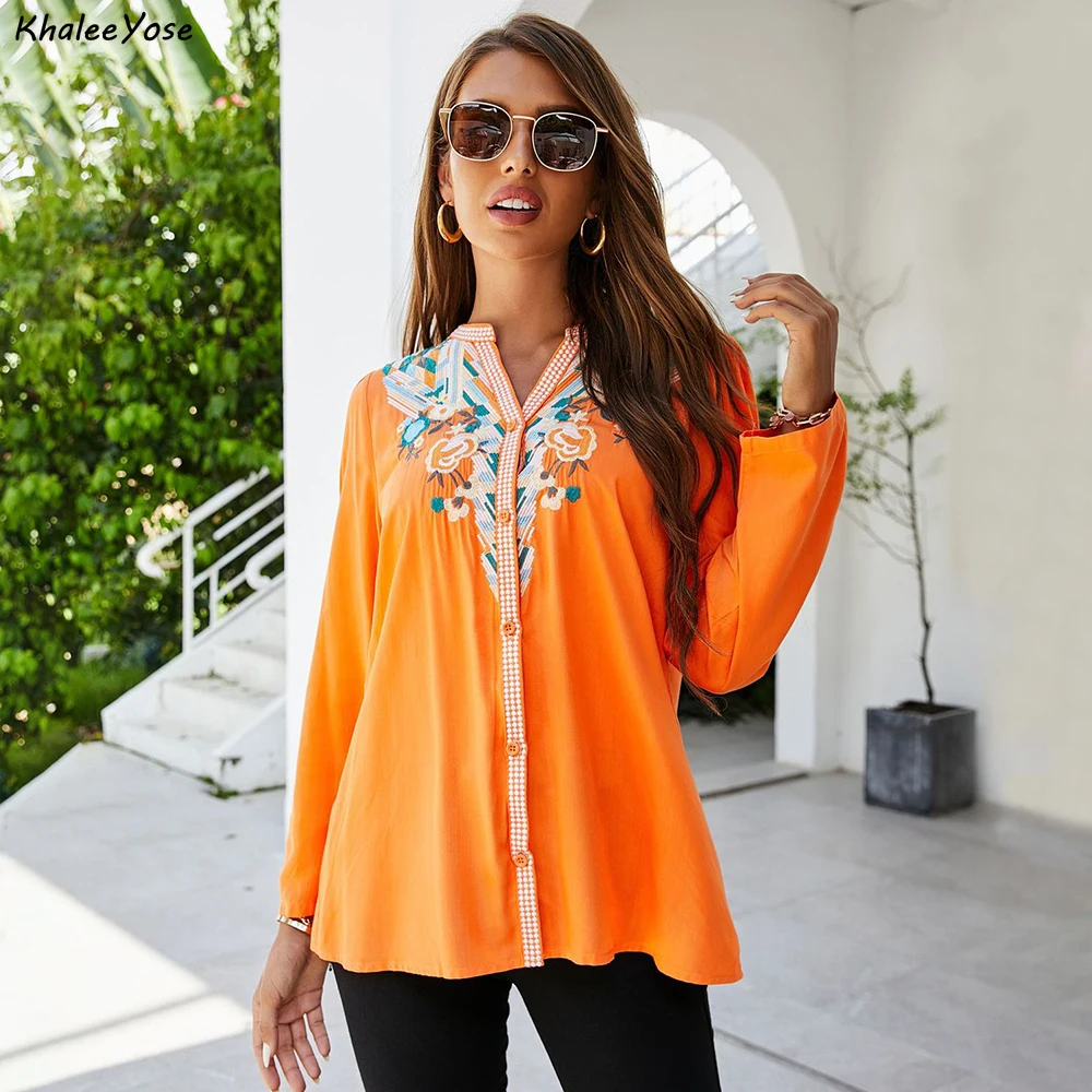 KHALEE YOSE Floral Embroidery Blouses Shirt Orange Spring Autumn Boho Mexican Women Shirts Long Sleeve 23xl Ethnic Hippie Tops