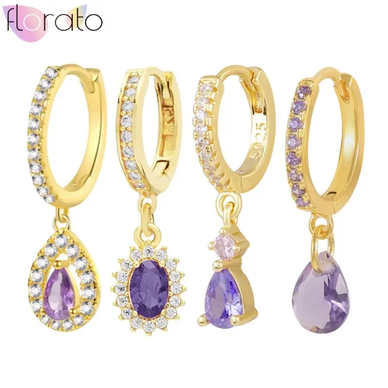 925 Sterling Silver Needle Elegant Fashionable Purple Water Drop Full Zircon Pendant Earrings Women's Wedding Earrings Jewelry