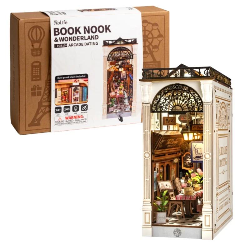 Robotime Book Nook Kits Arcade Dating Booknook DIY Miniature Dolls House Kit 3D Wooden Puzzle Bookend Bookshelf Decor Gift