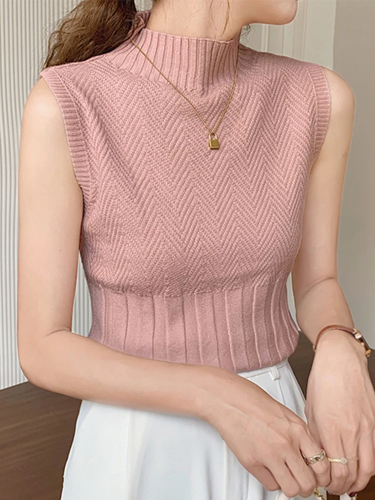 Korea Knitted Vests Women Top Turtleneck  Solid Tank Blusas Y2K 2024 Summer New Fashion Female Sleeveless Casual Thin Tops