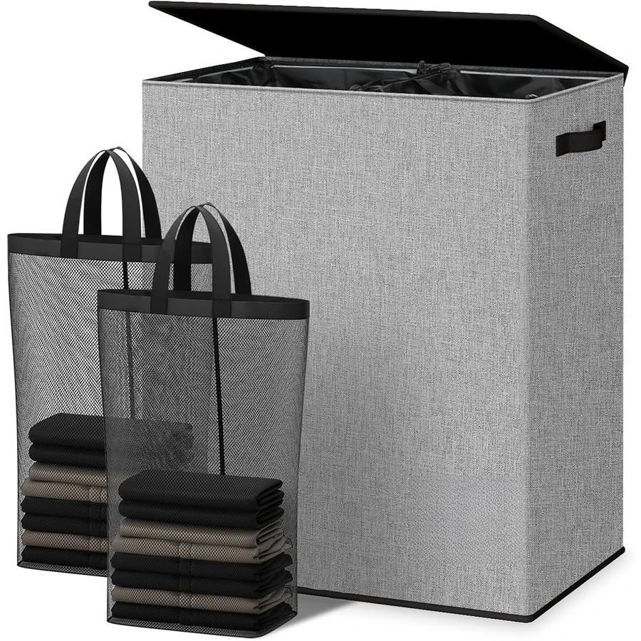 Double Laundry Hamper with Lid and Removable bag, Large Laundry Basket 2 Section with handles, Collapsible Dirty Clothes Hampers