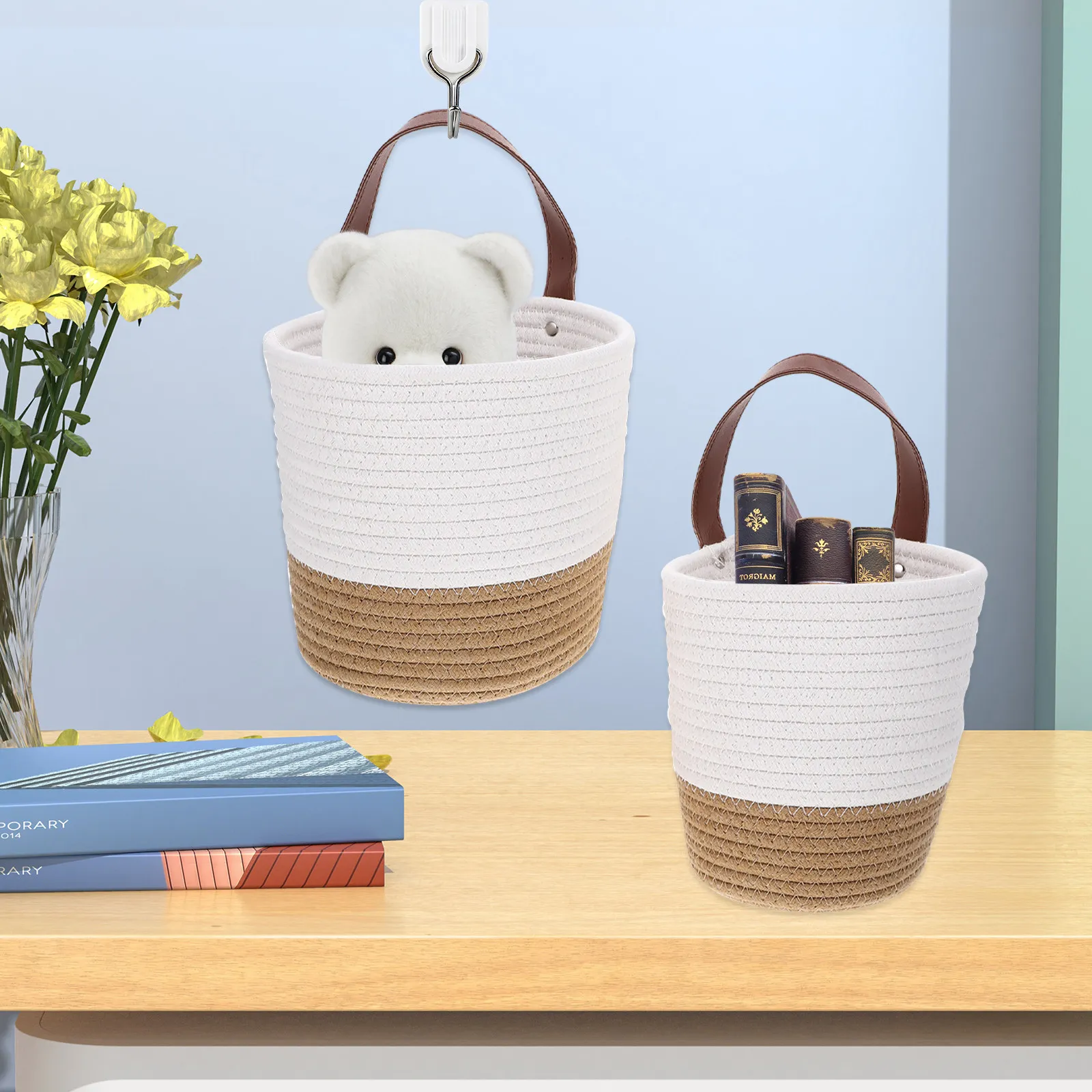 

2Pcs Wall Hanging Woven Basket for Flowers Plants Storage Home Decor Indoor Outdoor Balcony Patio Garden Wall Storage Basket