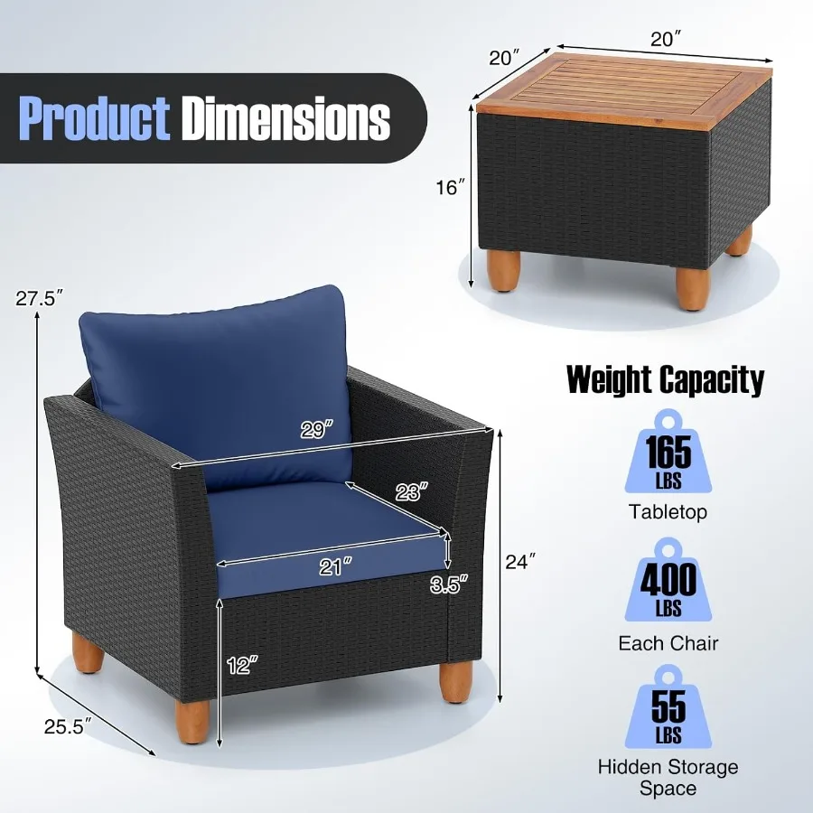3-Piece Patio Conversation Set with Built-in Storage Coffee Table PE Rattan Wicker Sofa Set Featuring Comfortable Cushions Dura