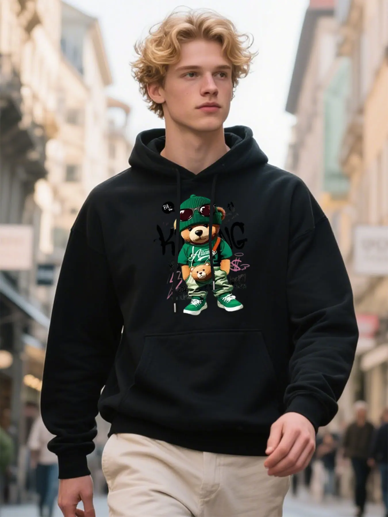 

​Mens Soft Hoodie With Cool Cartoon Bear Graphic, Comfortable Fabric For Sports Outing, Festive Christmas Gift For Him​