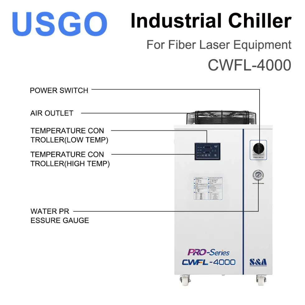 USGO CWFL-4000 S&A Refrigerador industrial a laser de fibra 220V/380V 50/60Hz Sistema de resfriamento para fonte de laser de fibra de 4kW