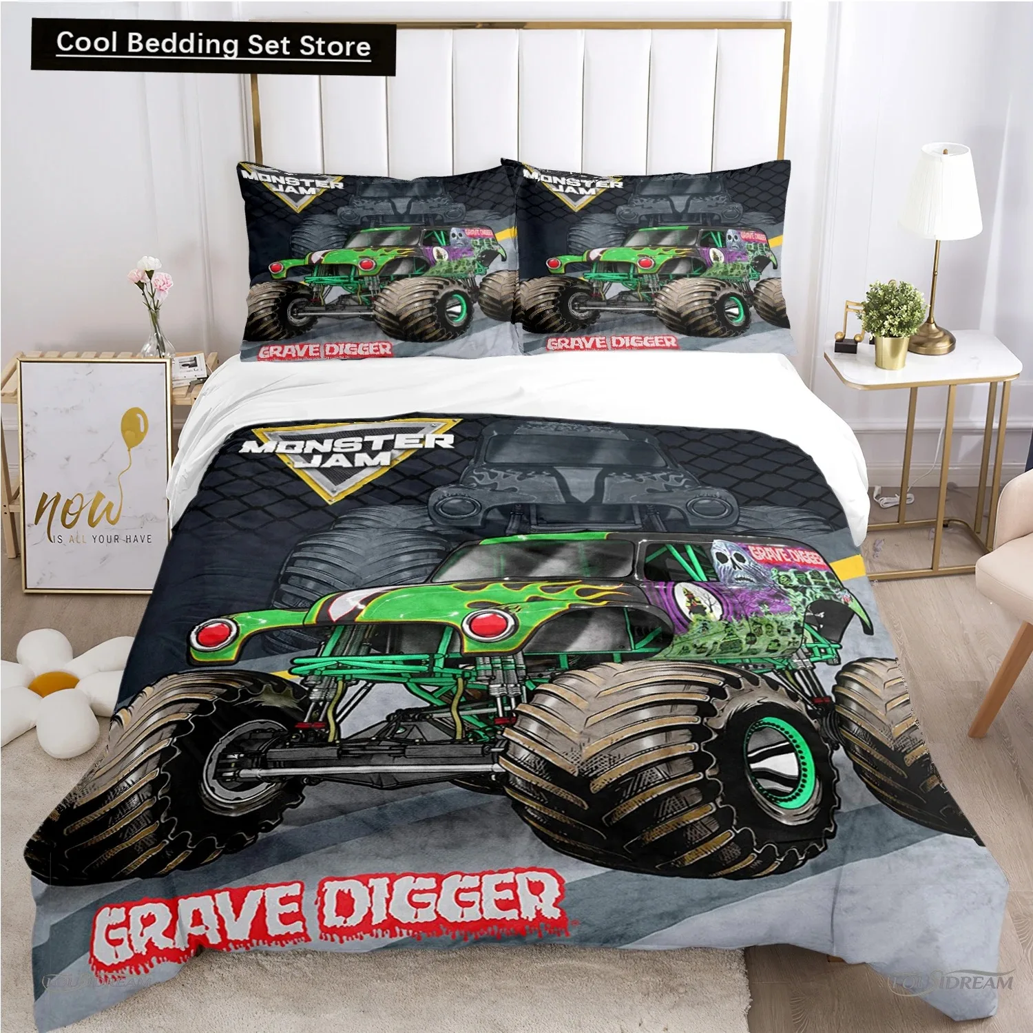 Monster Truck Duvet Cover Catroon Monster Jam Bedding sets Soft Quilt Cover and Pillowcases for Teens SingleDoubleQueenKing