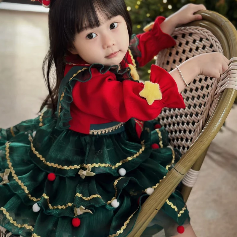 Winter New Girls\' Shining Christmas Tree Dress Cake Skirt Sparkling Lorita Pomped Princess Dress Party Dress for Kids Girl