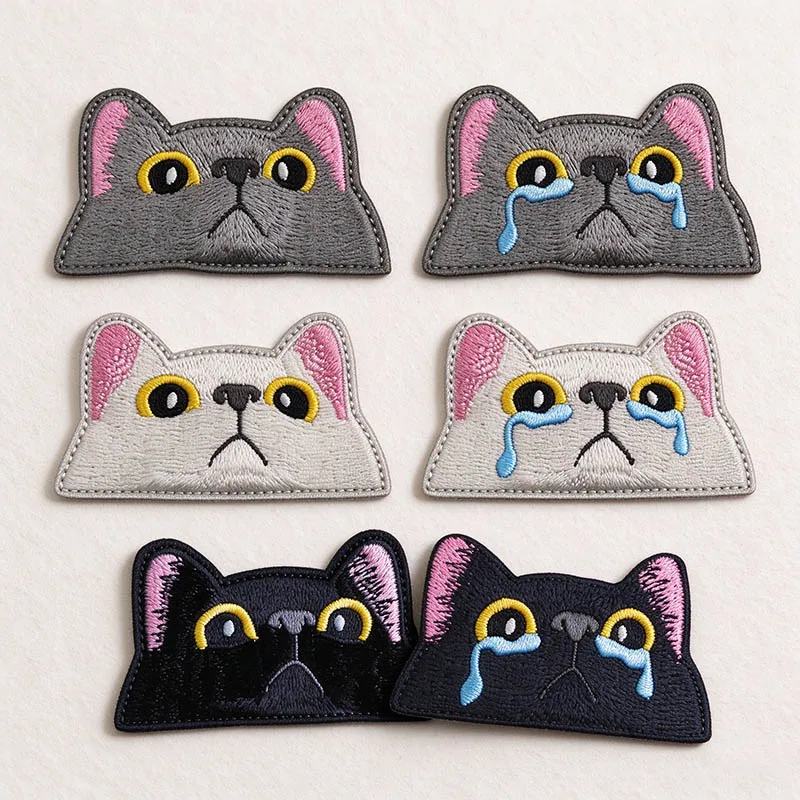 1PC,2PCS Funny Crying Cat Embroidered Morale Badge Tactical Patch Hook & Loop, Sad Kitty Meme Applique for Backpack Jacket Hat