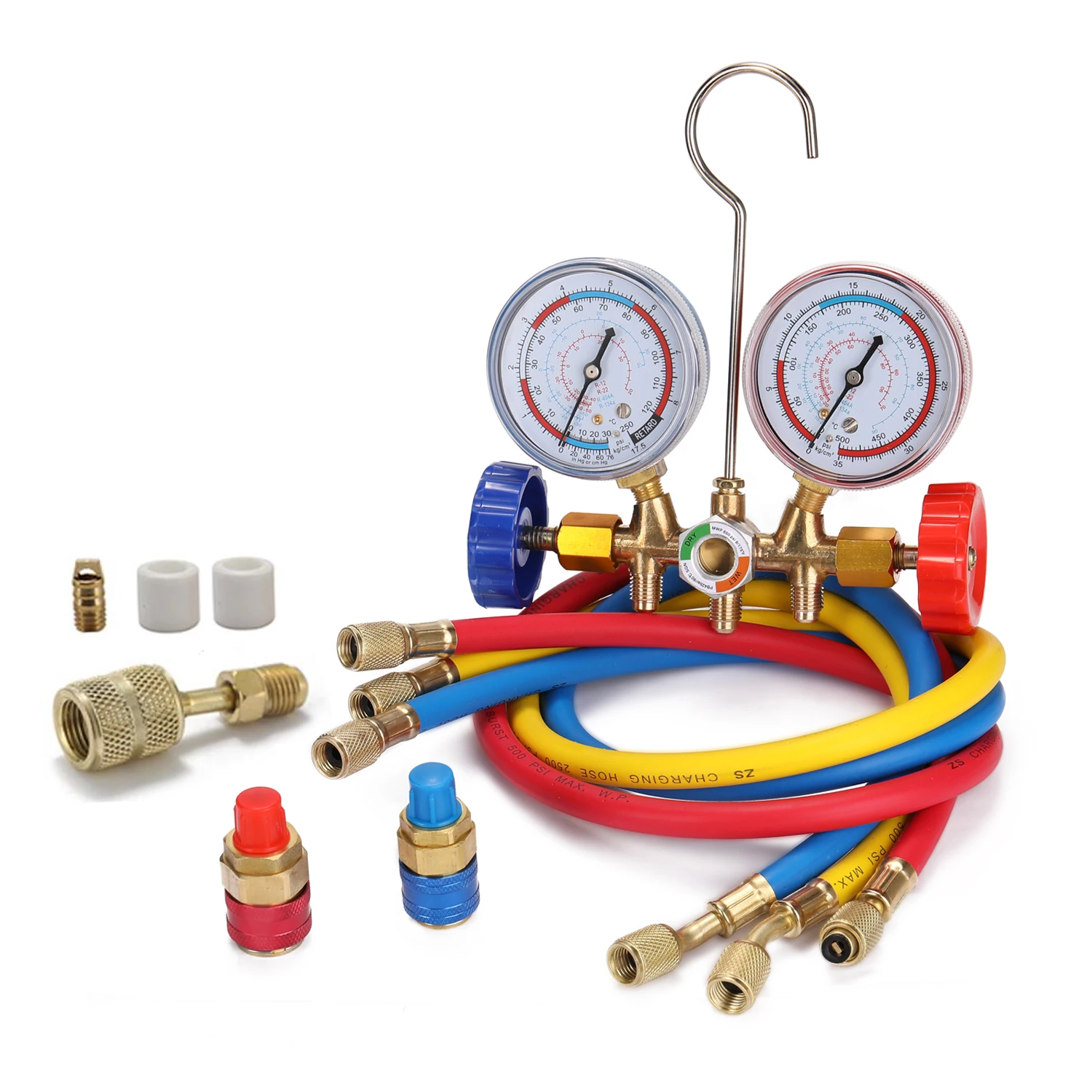 AC Diagnóstico Manifold Freon Gauge Set, Refrigerantes com Acopladores, Adaptador Acme, Pressão de estouro, 3000PSI, 3 Way