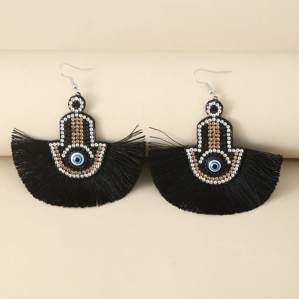 S3289 Fashion Jewelry Blue Eyes Dangle Earrings For Women Handmade Tassels Rhinestone Fatima Palm Evil Eye Earrings