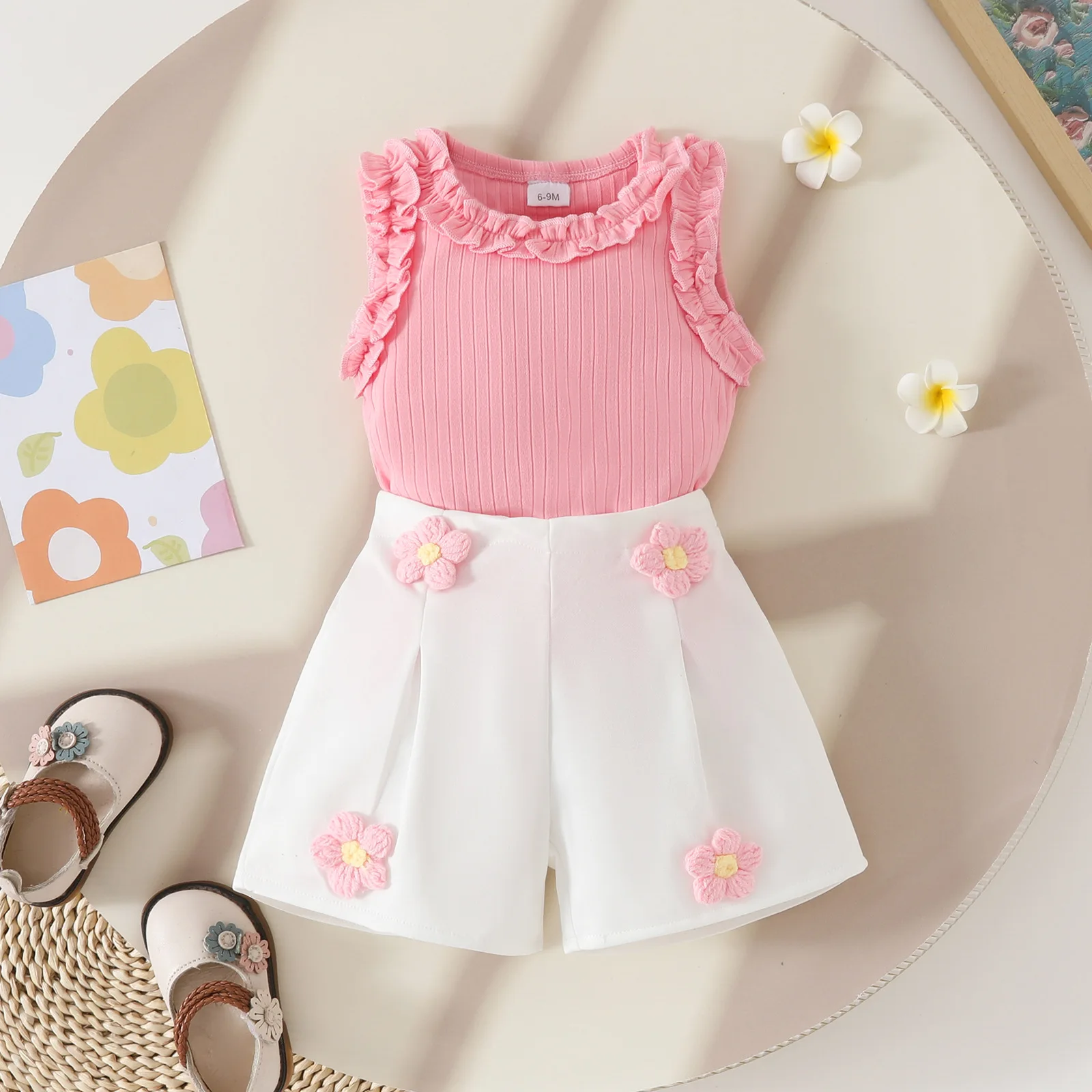 

Toddler Baby Girls Summer Clothing Set Sleeveless Ruffle Tank Tops + Crochet Flower Shorts Outfits Set Clothes Children's Set