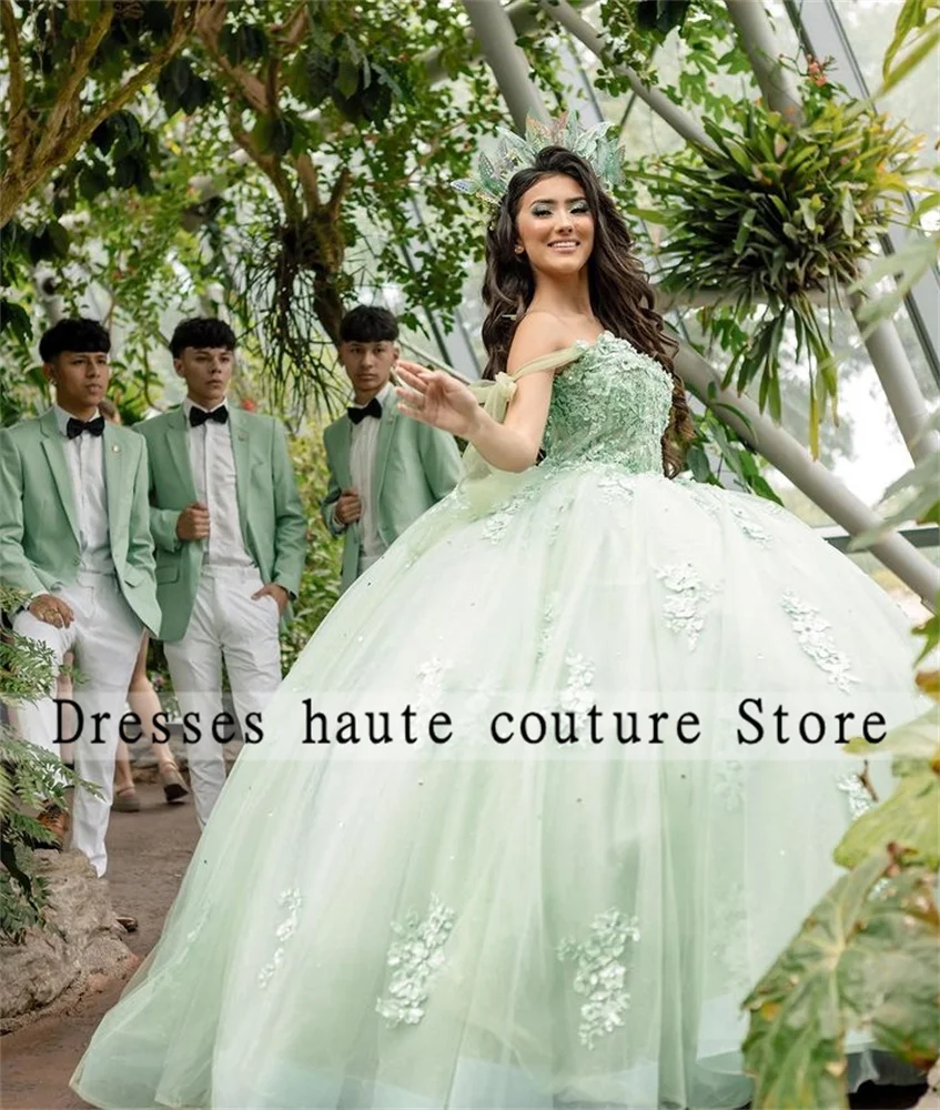 Mint Green Princess Quinceanera Dresses Ball Gown 2023 Off Shoulder Beaded Appliques Sweet 16 Dress Corset Vestidos De XV Años