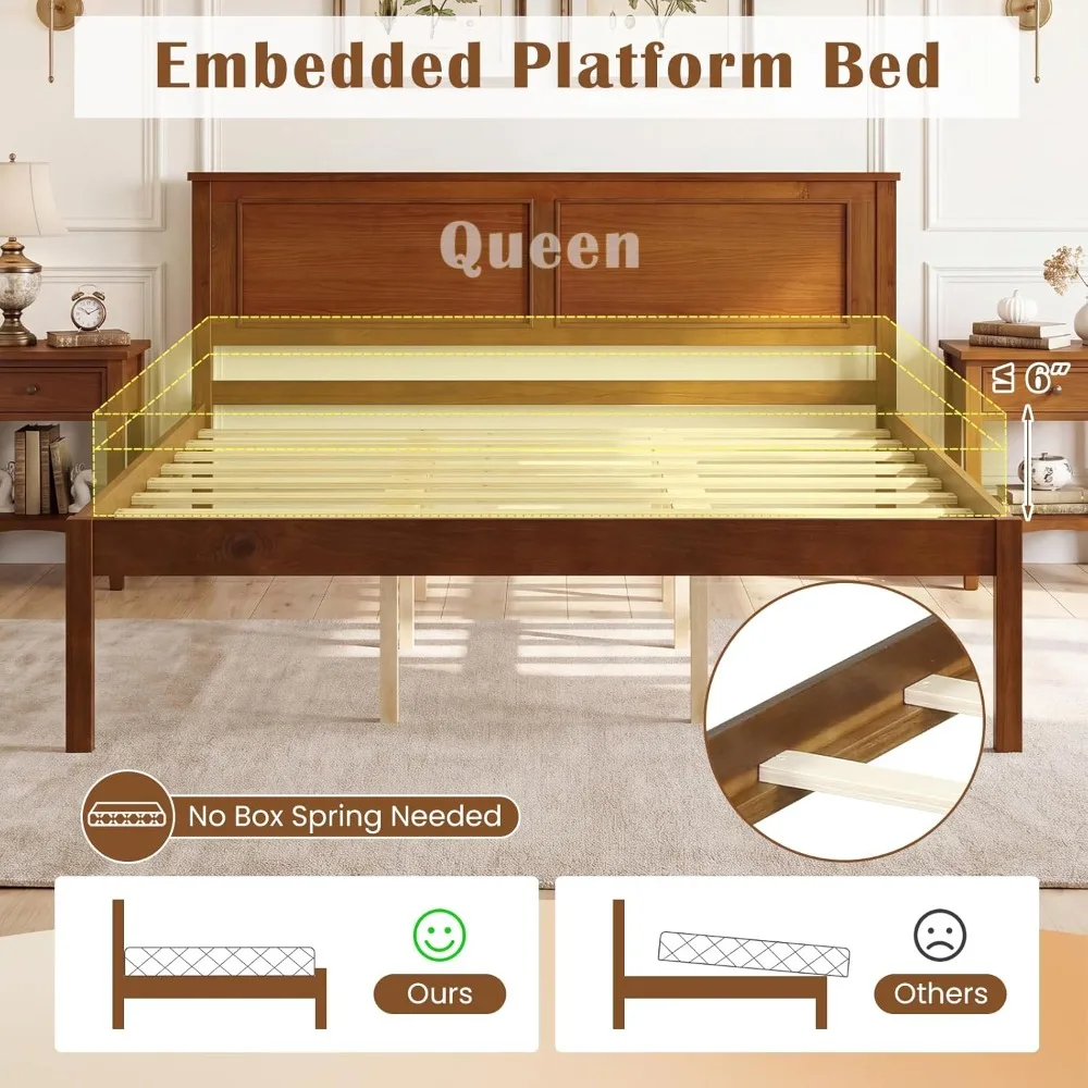 Wood Queen Size Bed Frame with Headboard, Mid-Century Modern Platform Bed W/Wooden Slat Support, Solid Mattress, Customized image 5