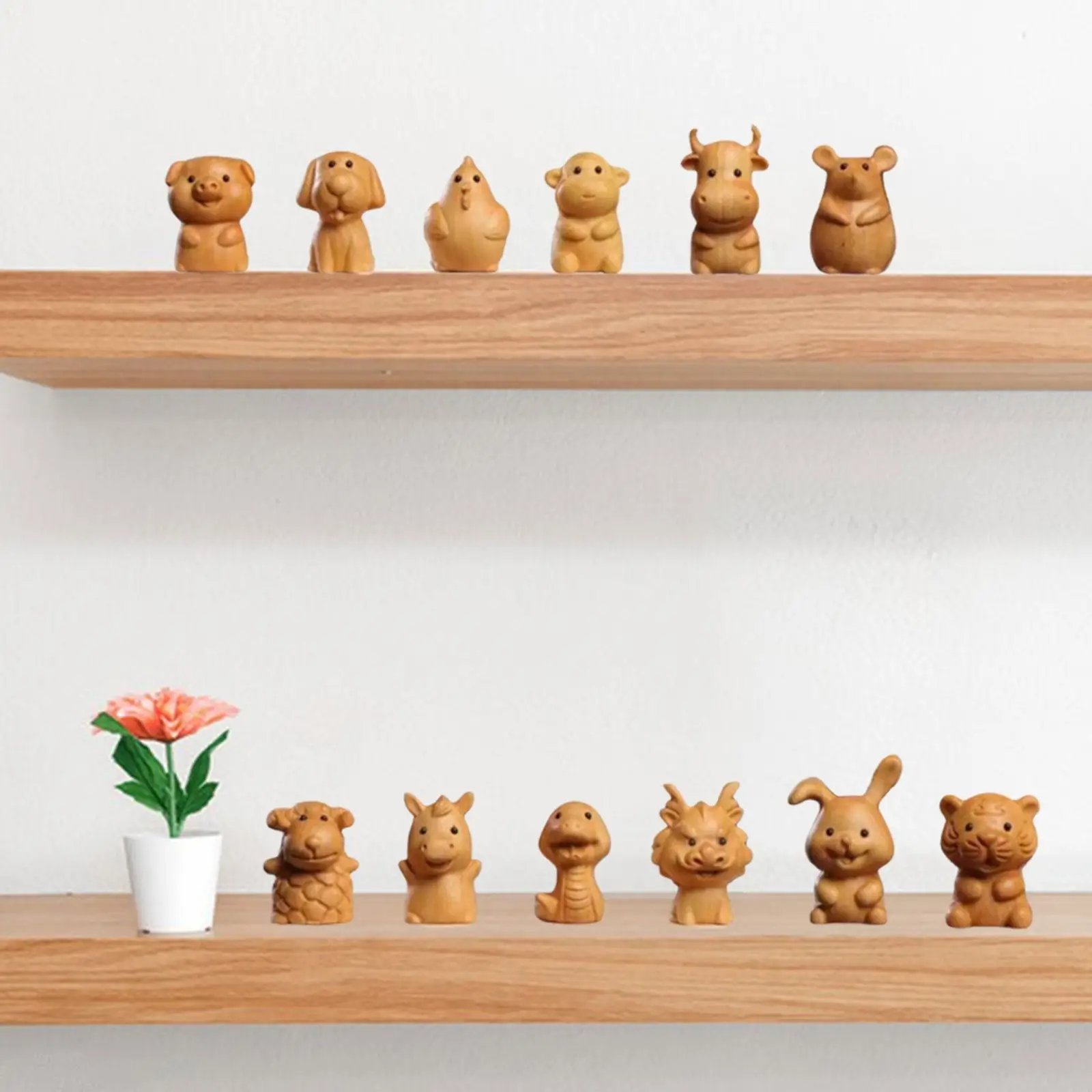 

12x Chinese DIY Craft Ornaments Wood Carving Animal Statues Hand Carved Animal Figures for Home New Year Table Tabletop Decor