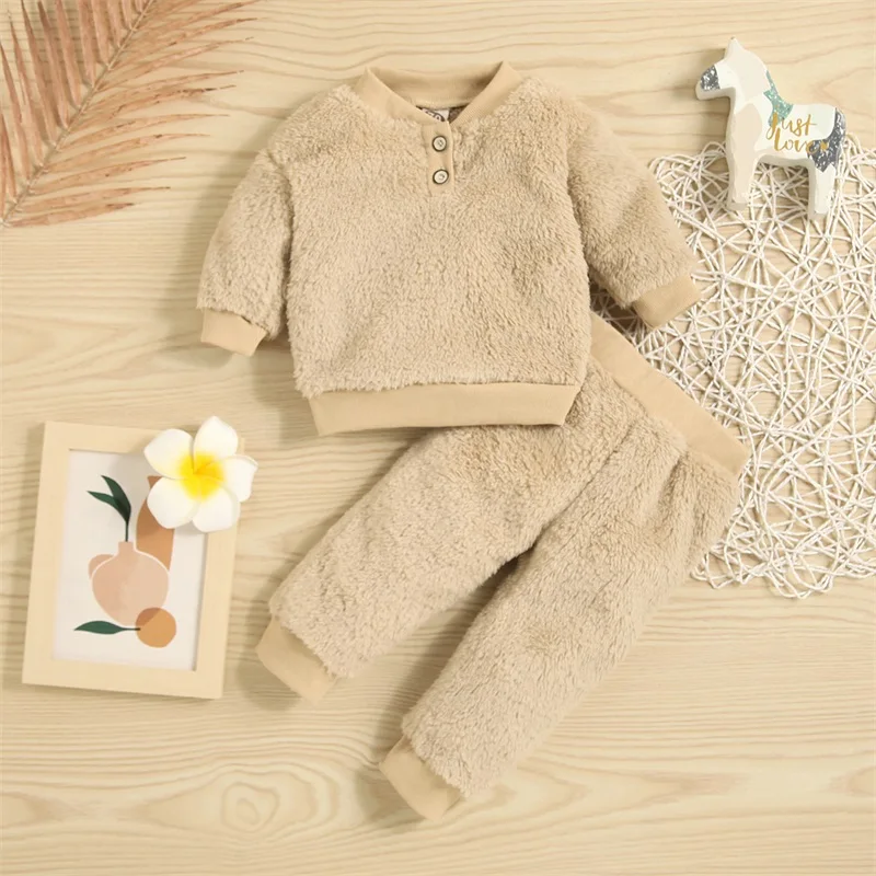 

Toddler Baby Fleece Pants Sets Long Sleeve Shirt Top Plush Pants Sets Infant Boy Girl 2 Piece Winter Outfits Clothes