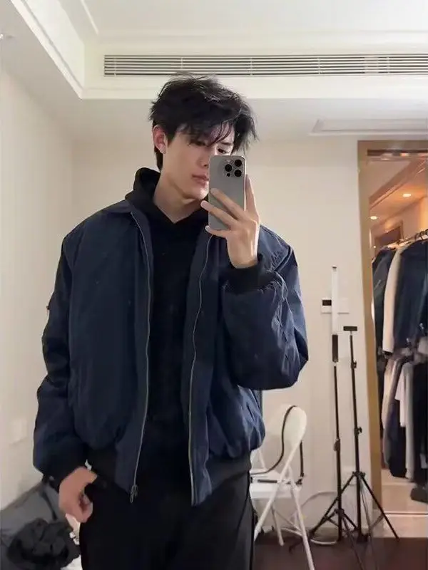 

Retro American Sle ort Baseball Jaet Men's Slim Fit Pilot Coat Trendy Streetwear k Blue Casual Wear Polyester Fiber