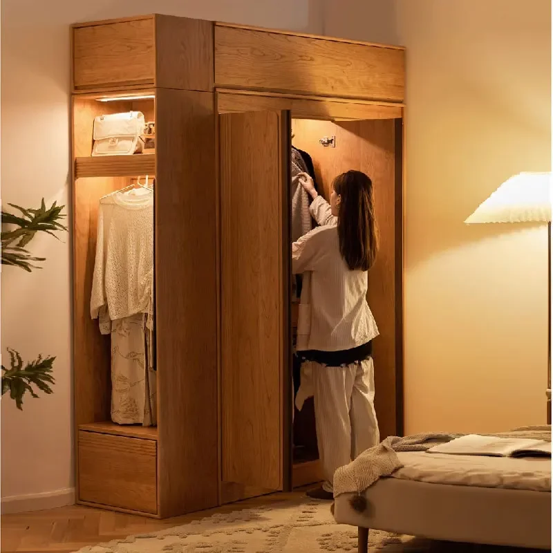 خزانة ملابس من خشب الكرز الصلب البسيط الاسكندنافي، جوز أسود، مجموعة على الطراز الياباني، شقة صغيرة، غرفة نوم عائلية، خزانة ملابس كبيرة