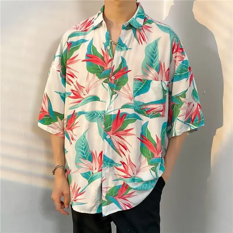 

Рубашка из искусственного хлопка с кубинским воротником и цветочным принтом, мужская свободная гавайская пара со вкусом Гонконга, пляжная рубашка с короткими рукавами