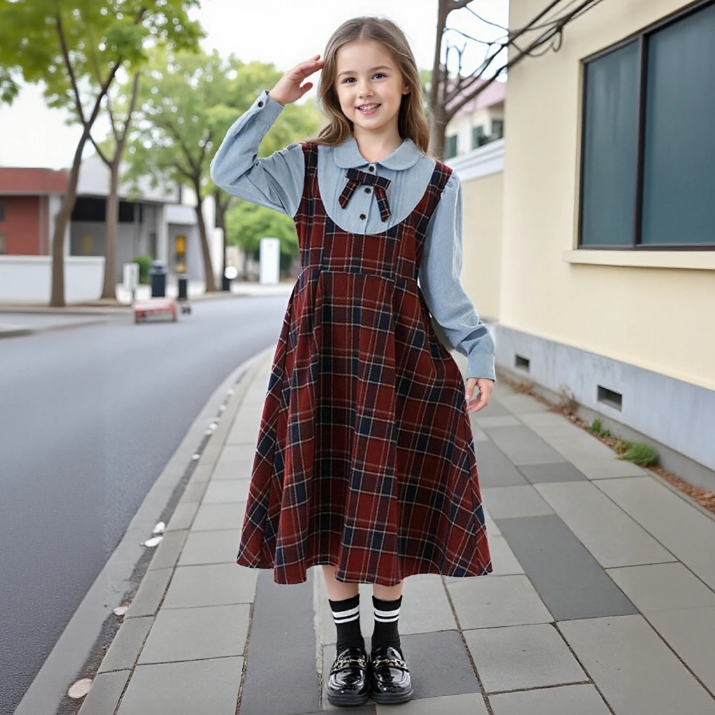 

Girls Plaid Dress False 2-Piece Design British Style School Teen Kids Princess Gown Fall Winter Child Long Sleeve Shirt Dresses