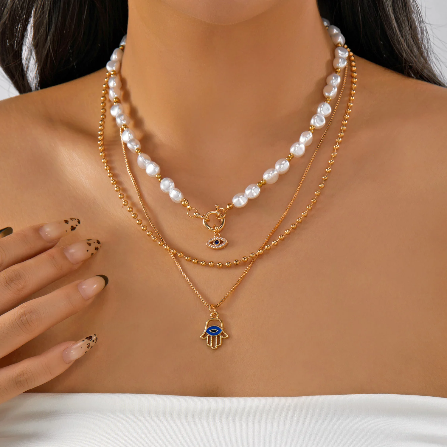 Boho Lucky Multilayer Evil Eye Pendant Necklace For Women Micro Zircon Turkish Eyes Palm Pearl Clavicle Choker Party Jewelry