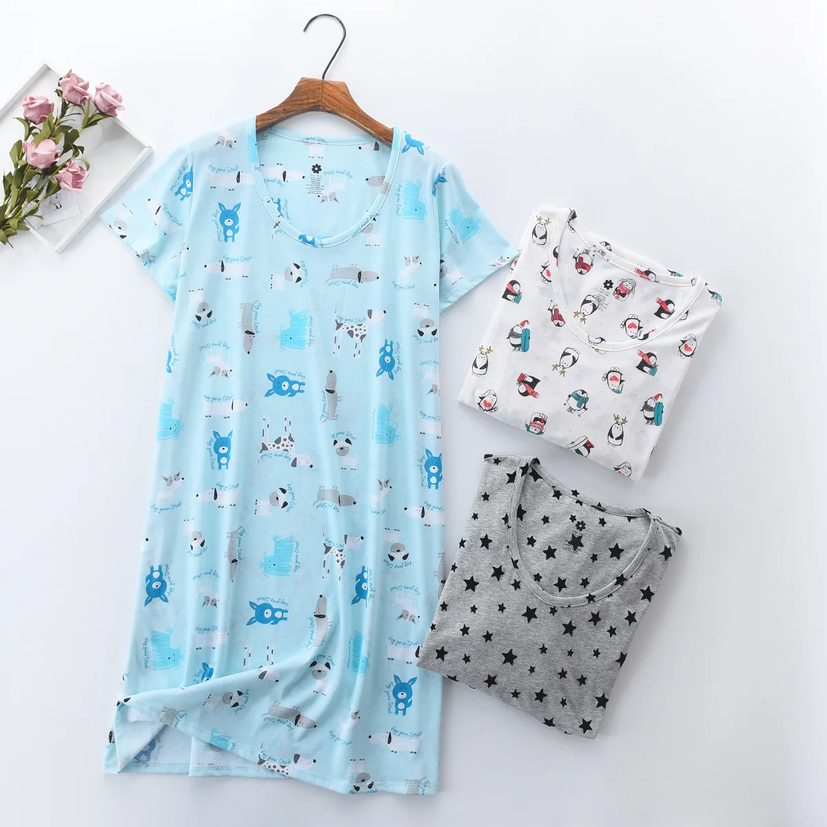 Summer Female Casual Cartoon Sleep Dress Ladies Soft Cotton Nightgown Women Short Sleeve Sleepshirt Plus Size Home Nightdress