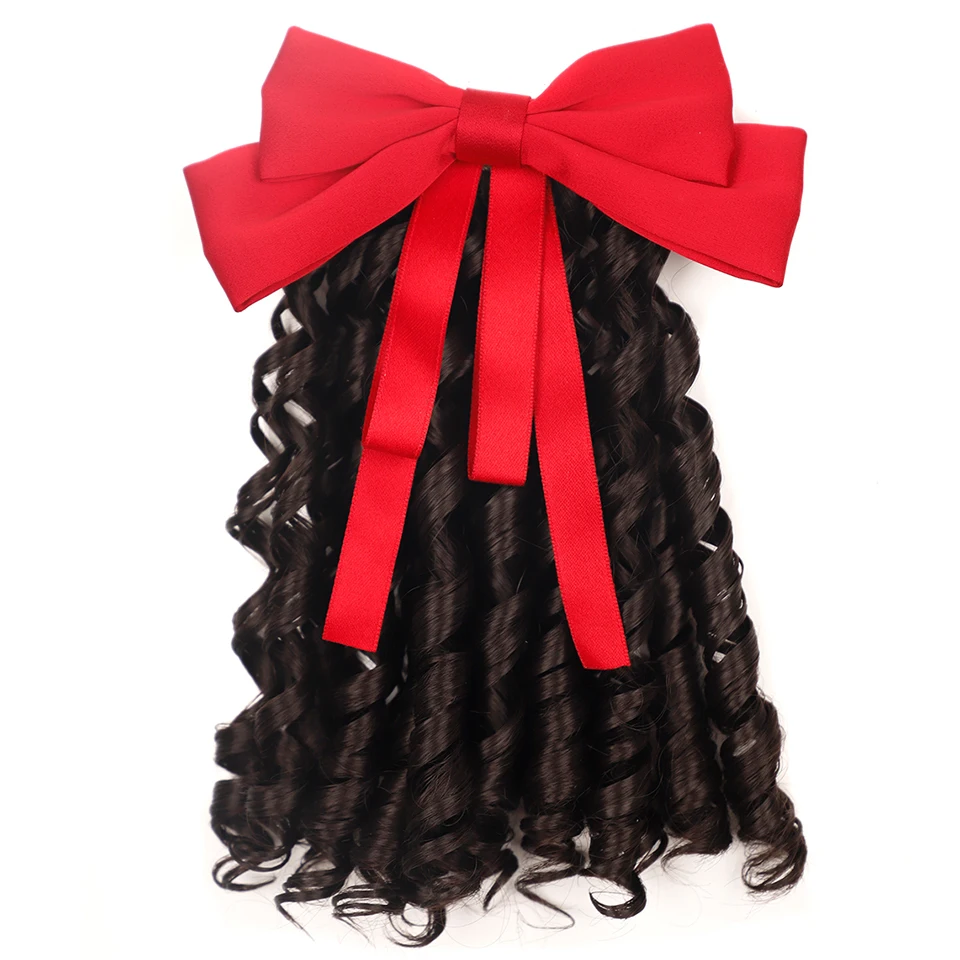 Children\'s Hair Ponytail Clip with Bow Synthetic Black Princess Curly Wig Hairpieces For Kids Evening Party Head Wear Accessorie