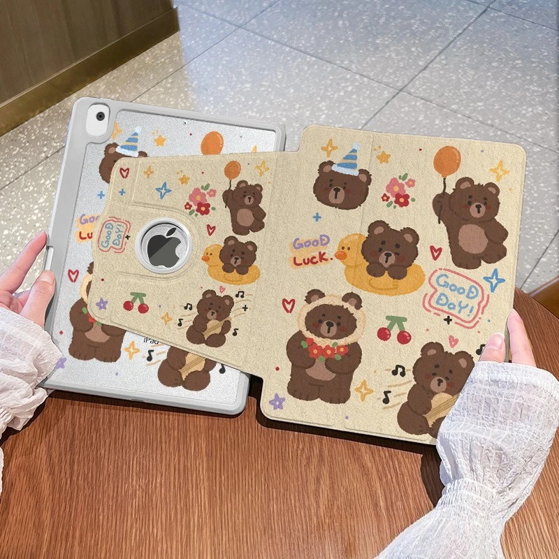 Cute Bear IPad Tablet Case for Air4 Air5 10.9 10th 9th 8th 10.2in 720° Rotating Case Air7 13in Pro 12.9in 11th A16 Acrylic Cover