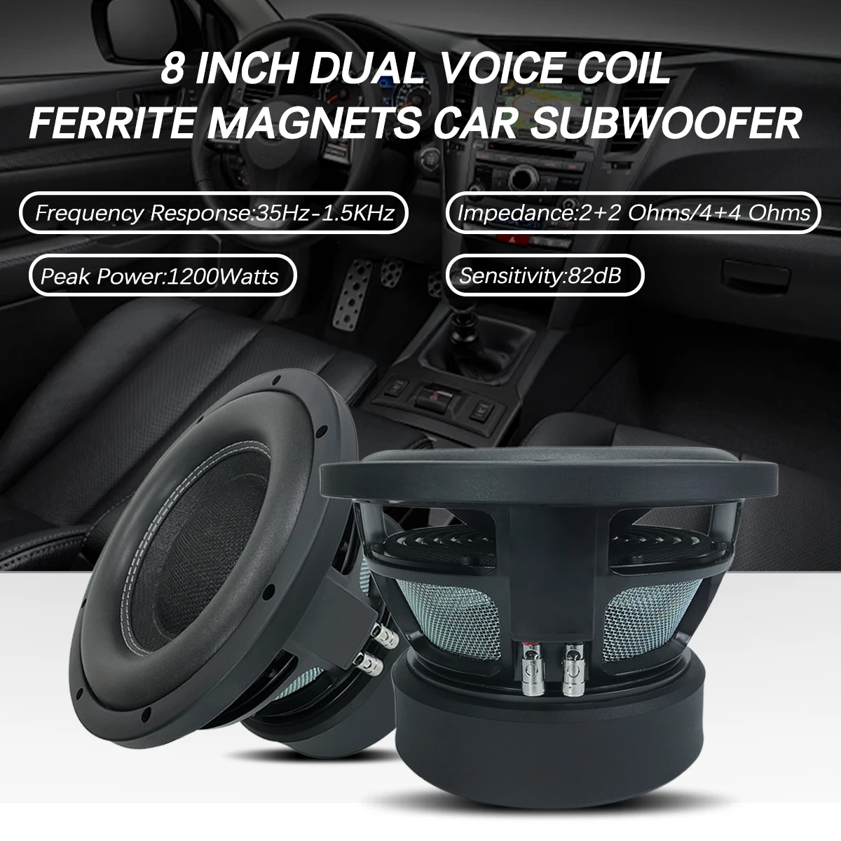 High Quality 8 Inch Car Subwoofer 1200W Dual Voice Coil Triple Magnets Carbon Fiber Cone Bass 600W RMS Universal Fit Speaker