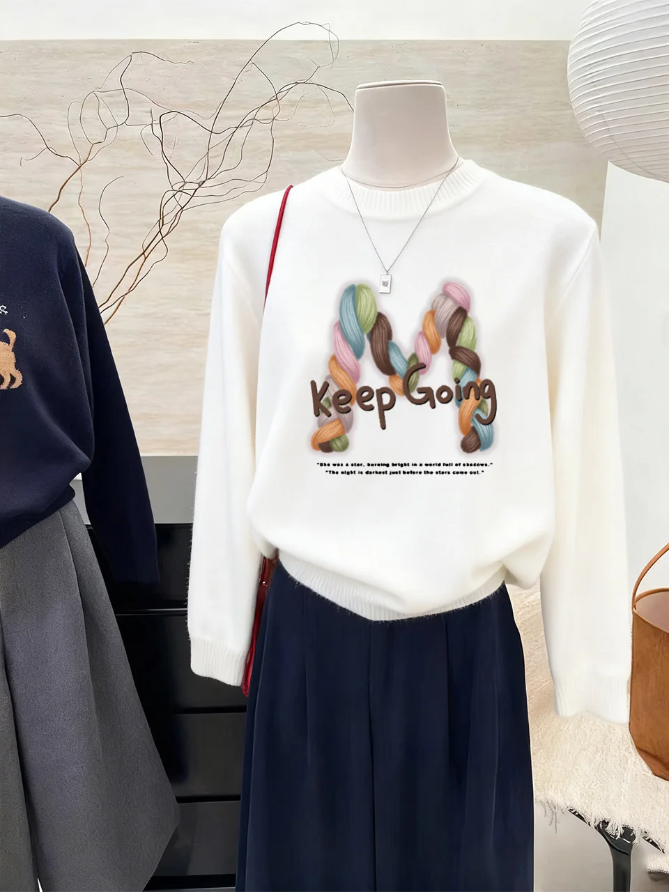 

Cartoon M Letter Knitted Long Sve Sweater round Ne Loose Fit Winter Warm Top for Women New Arrival Casual Sle Knitwear