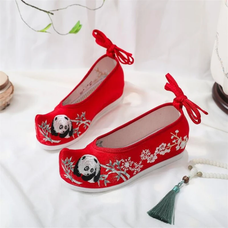 Chinese Traditional Hanfu Shoes Ancient Women Flats White Bandage Hidden Heels Wedge Panda Embroidered Shoes