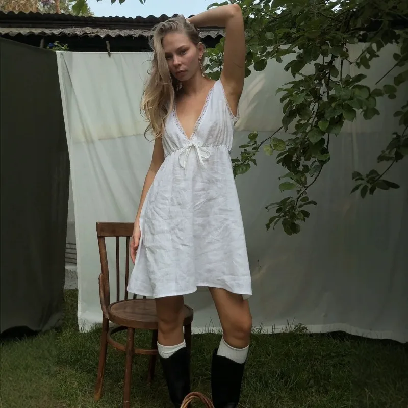 2026 Spring Summer Collection Casual Solid Color V Neck Sleeveless Lace Up Waist Cotton and Linen Dress with Elegant Lace Skirt