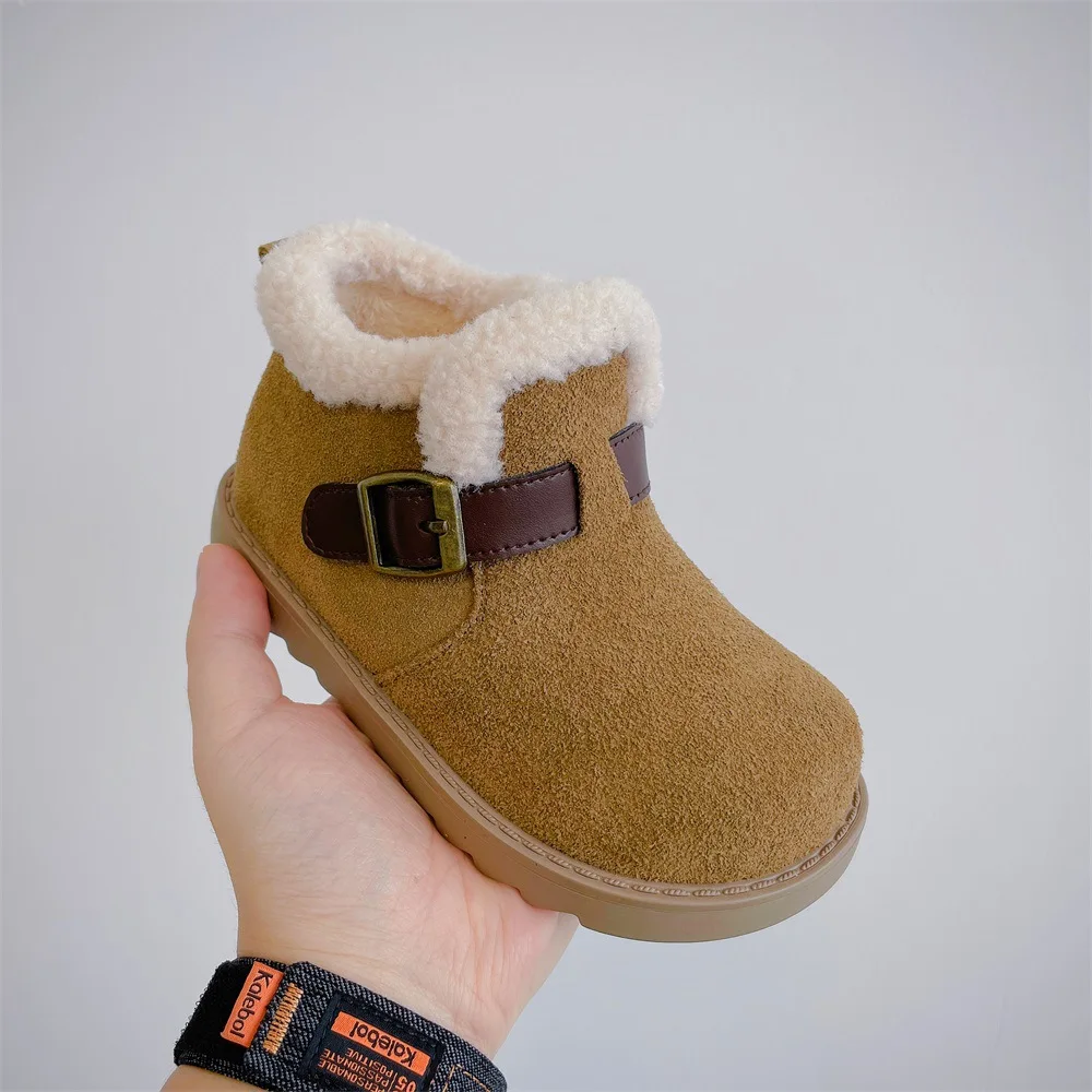 2024 Winter Nieuwe Kinderschoenen Jongens Leren Dikke Snowboots Meisjes Modieuze Warme Katoenen Laarzen