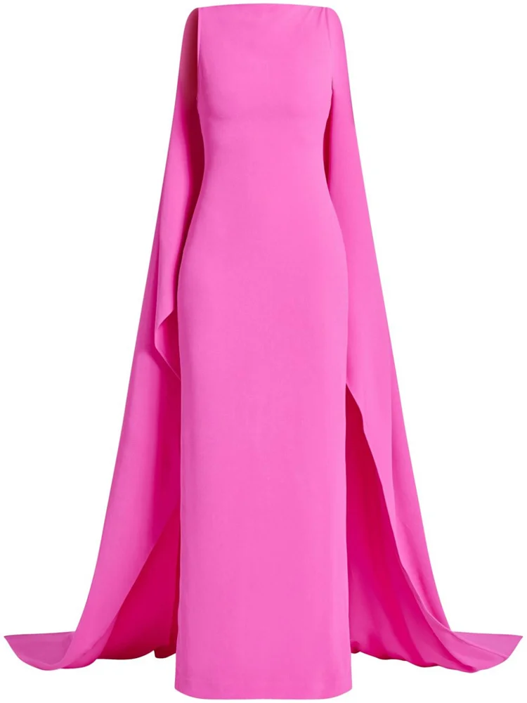 Customized Boat Neckline Sleeveless Straight Satin Evening Dress Elegant Back Zipper Floor Length Cape Design Gown For Women