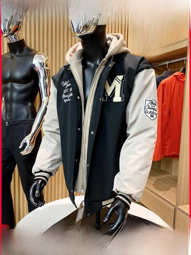 

Autumn Winter Men's Outdoor Thiened Warm Baseball Jaet Hooded Cotton Padded Embroidered Patchwork Coat Youth Faion