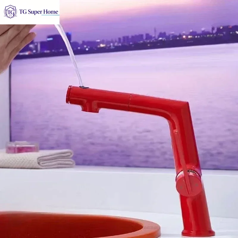 Copper basin mixer tap in gunmetal grey Pull-out washbasin mixer tap Multi-function tap Red washbasin mixer