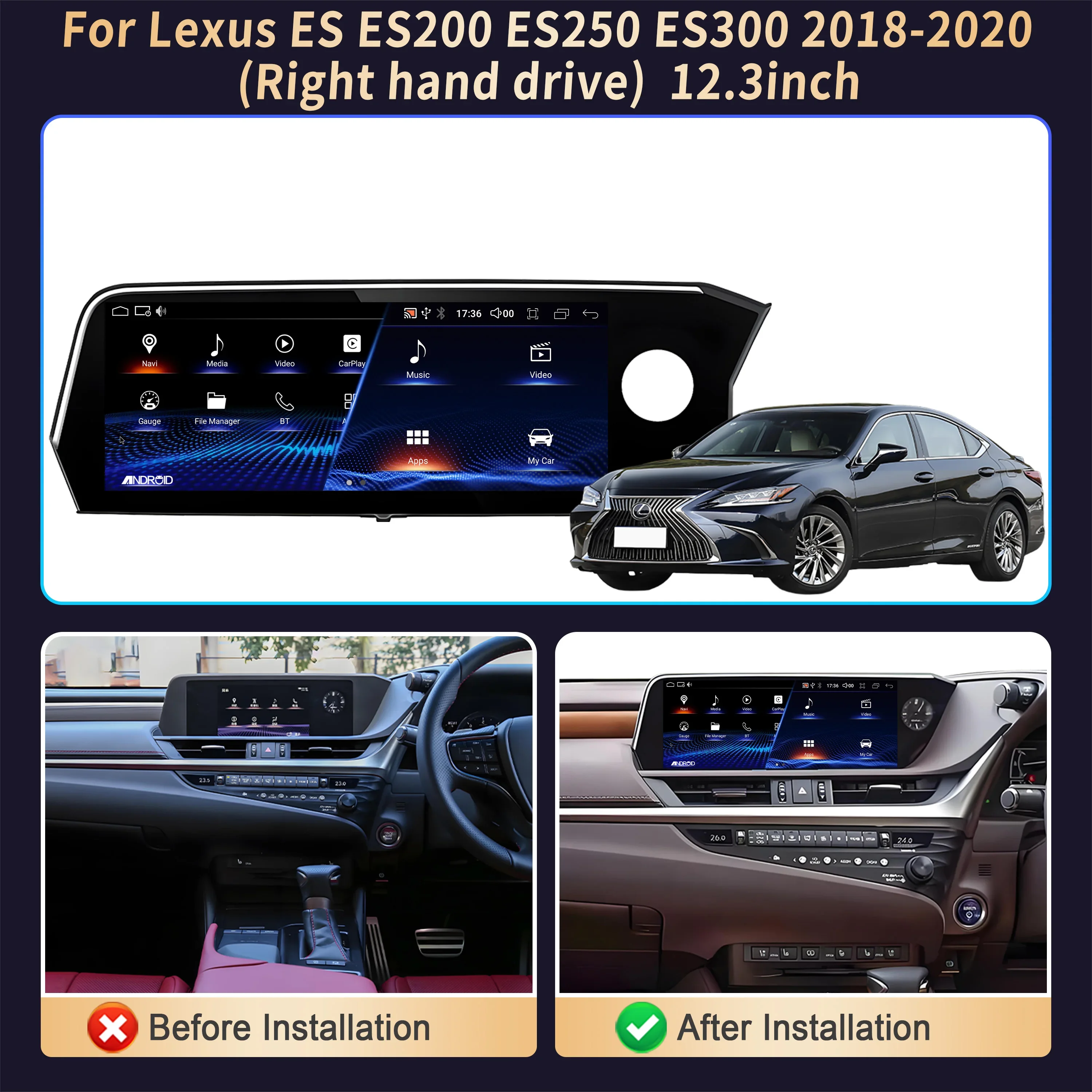 12.3 inch Right hand drive For Lexus ES ES200 ES250 ES300 2018-2020 Car Radio Wireless CarPlay Multimedia Snapdragon 680 Screen